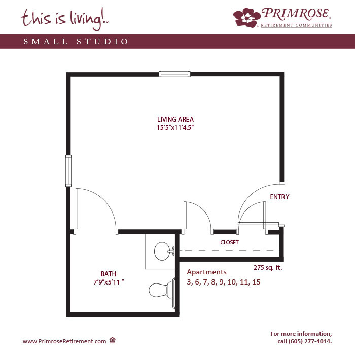 Primrose Cottages of Aberdeen floor plan for the Small Studio with 275 sq ft