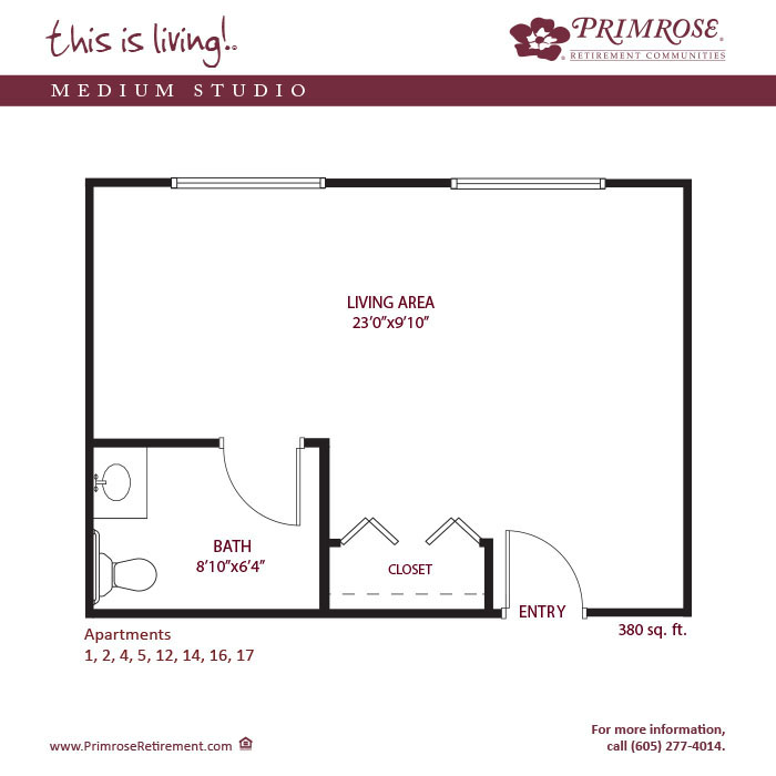 Primrose Cottages of Aberdeen floor plan for the Medium Studio with 380 sq ft