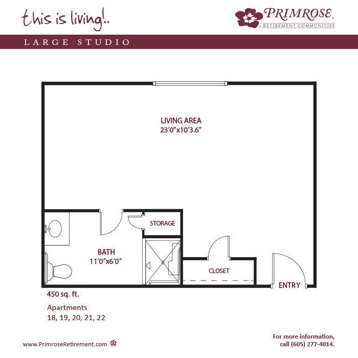 Primrose Cottages of Aberdeen floor plan for the Large Studio with 450 sq ft