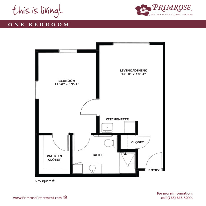 Primrose of Anderson floor plan for the one bedroom, one bath apartment with 575 sq ft