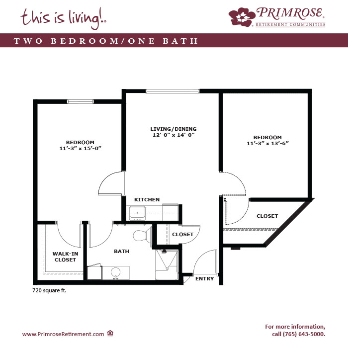 Primrose of Anderson floor plan for the two bedroom one bath apartment with 720 sq ft