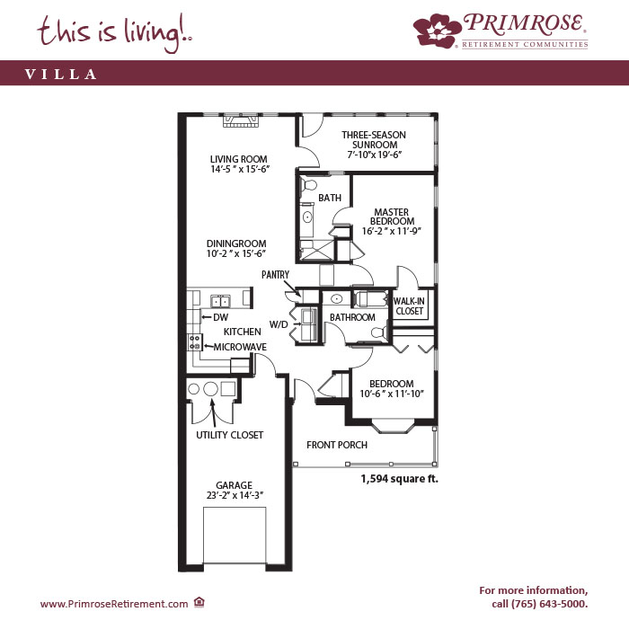 Primrose of Anderson floor plan for the two bedroom two bath Townhome Villa with 1,594 sq ft