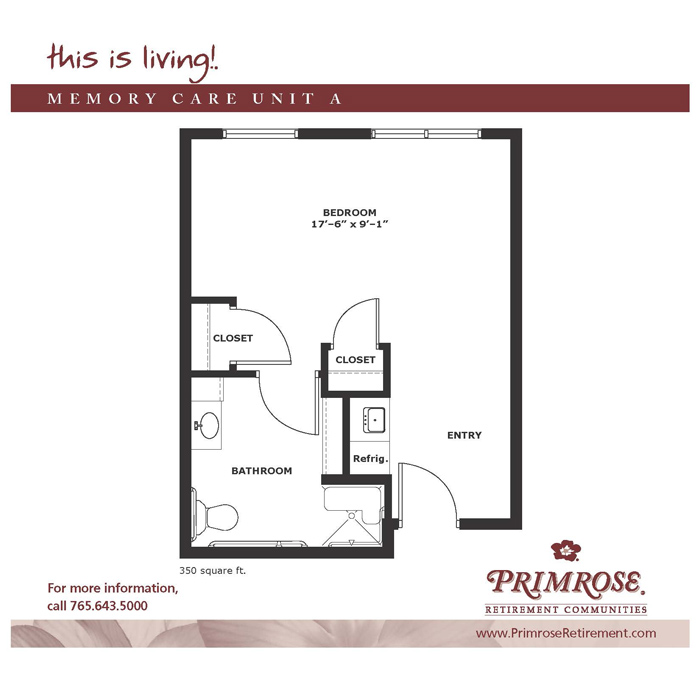 Primrose of Anderson floor plan for the Memory Care apartment with 400 sq ft