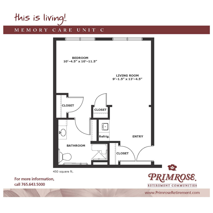 Primrose of Anderson floor plan for the Memory Care apartment with 450 sq ft