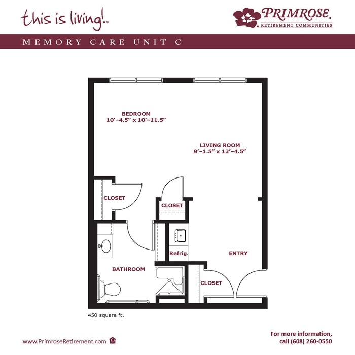 Primrose of Appleton floor plan for the Memory Care apartment with 450 sq ft