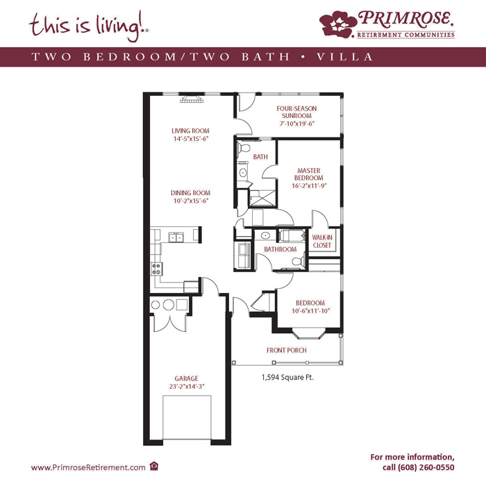 Primrose of Appleton floor plan for the two bedroom two bath Townhome Villa with 1,594 sq ft