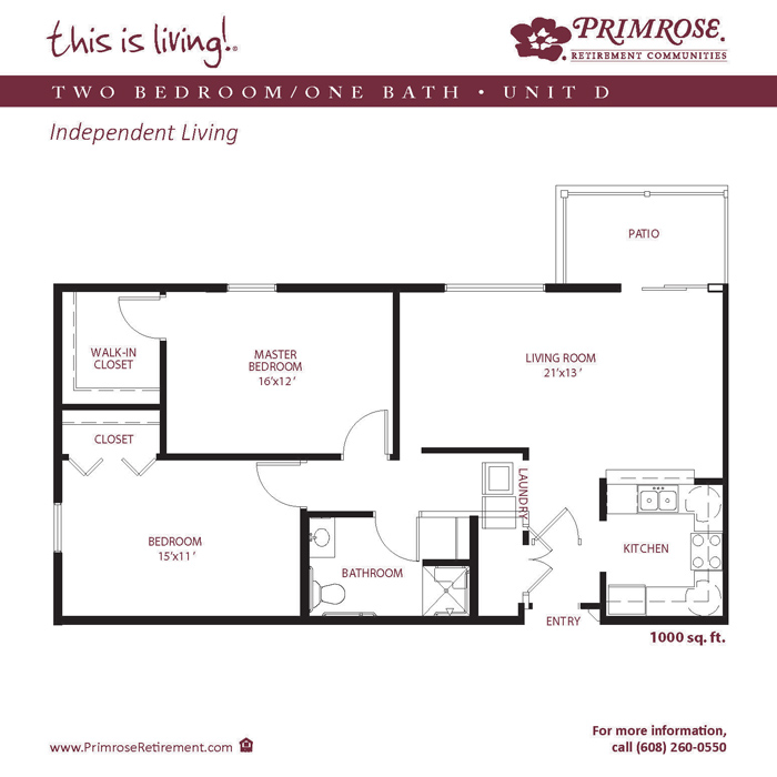 Primrose of Appleton floor plan for the two bedroom, one bath apartment with 1,000 sq ft