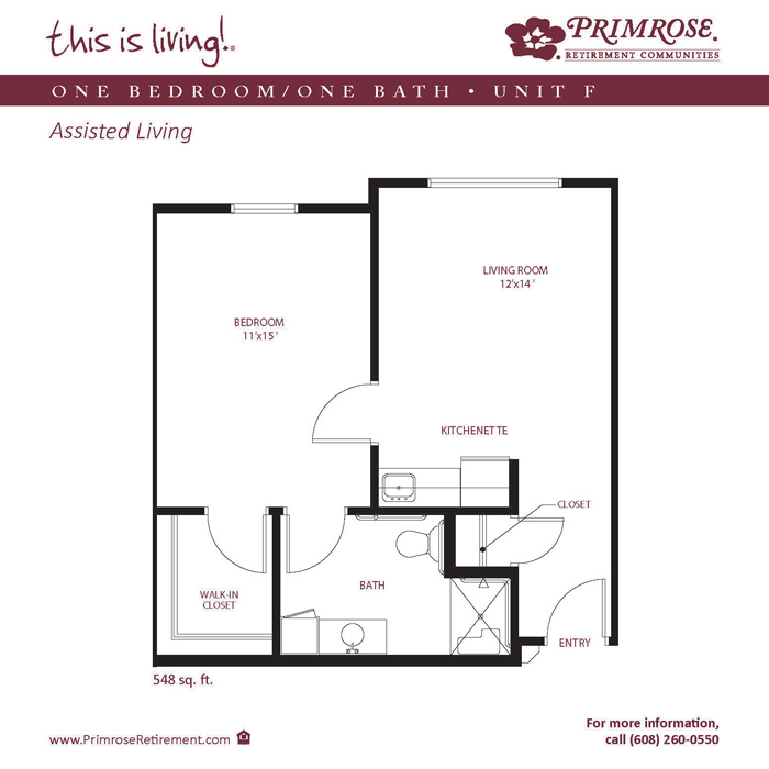 Primrose of Appleton floor plan for the one bedroom, one bath apartment with 548 sq ft