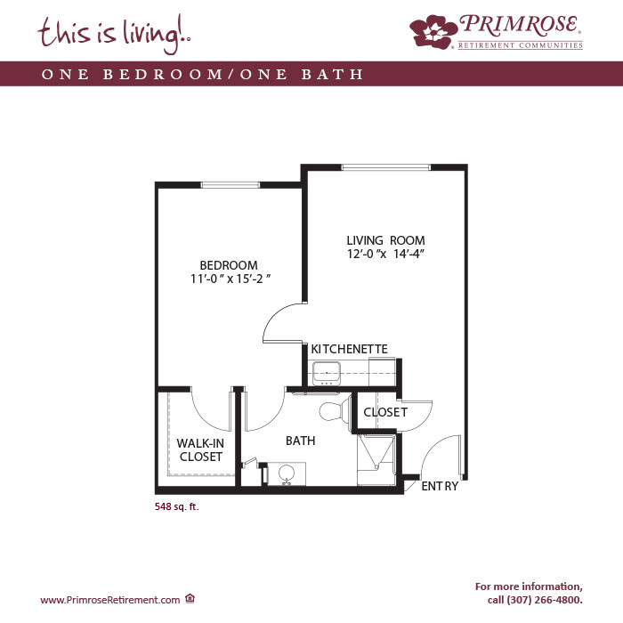 Primrose of Casper floor plan for the one bedroom, one bath apartment with 548 sq ft