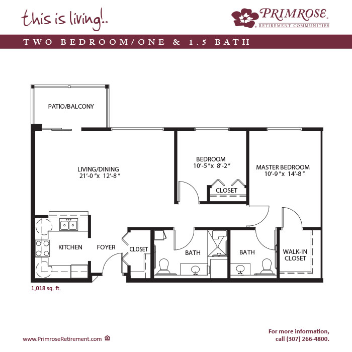 Primrose of Casper floor plan for the two bedroom, one and a half bath apartment with 1,018 sq ft and a patio or balcony