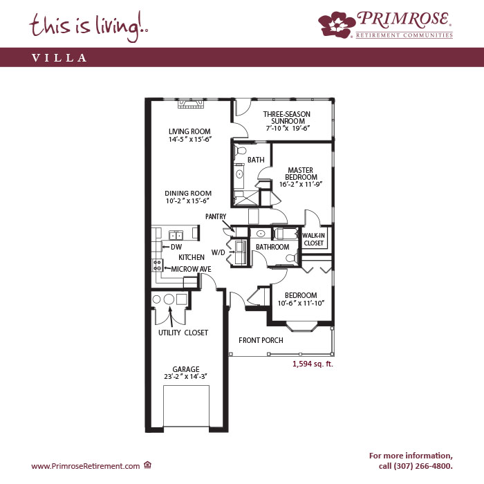 Primrose of Casper floor plan for the two bedroom two bath Townhome Villa with 1,594 sq ft