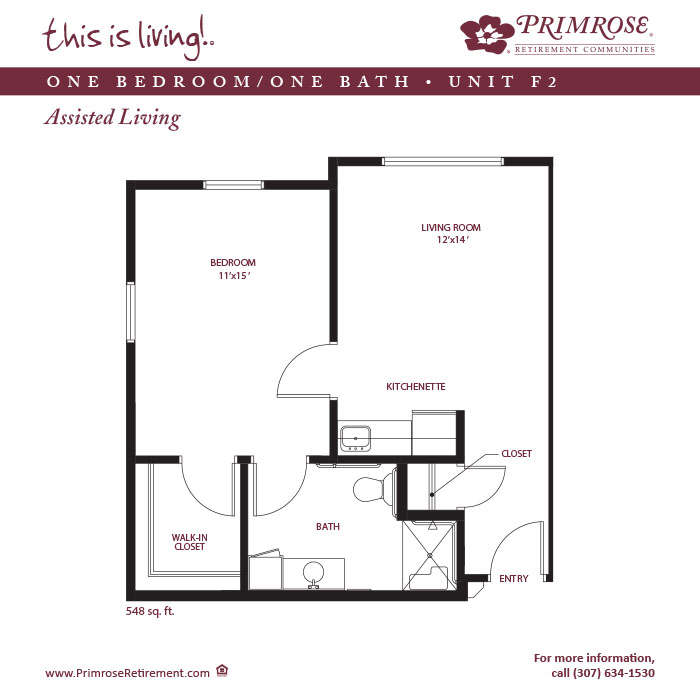 Primrose of Cheyenne floor plan for the one bedroom, one bath apartment with 548 sq ft