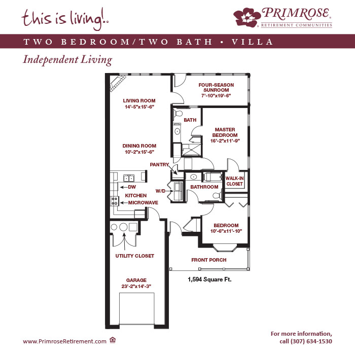 Primrose of Cheyenne floor plan for the two bedroom two bath Townhome Villa with 1,594 sq ft