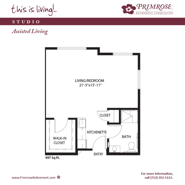 Primrose of Council Bluffs floor plan for the one bedroom, one bath studio apartment with 497 sq ft