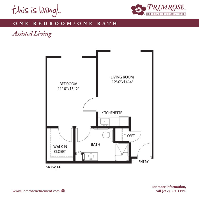 Primrose of Council Bluffs floor plan for the one bedroom, one bath apartment with 548 sq ft