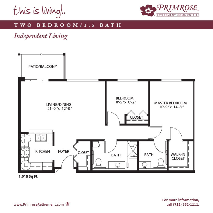 Primrose of Council Bluffs floor plan for the two bedroom, one and a half bath apartment with 1,018 sq ft and a patio or balcony