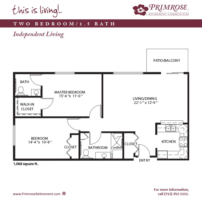 Primrose of Council Bluffs floor plan for the two bedroom, one and a half bath apartment with 1,068 sq ft and a patio or balcony