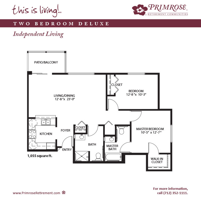 Primrose of Council Bluffs floor plan for the two bedroom, two bath deluxe apartment with 1,055 sq ft and a patio or balcony