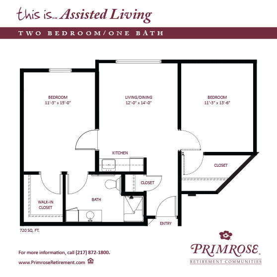 Primrose of Decatur floor plan for the two bedroom, one bath apartment with 720 sq ft