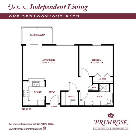 Primrose of Decatur floor plan for the one bedroom, one bath apartment with 811 sq ft and a patio or balcony