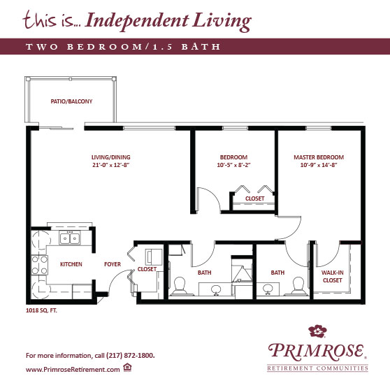 Primrose of Decatur floor plan for the two bedroom, one and a half bath apartment with 1,018 sq ft and a patio or balcony