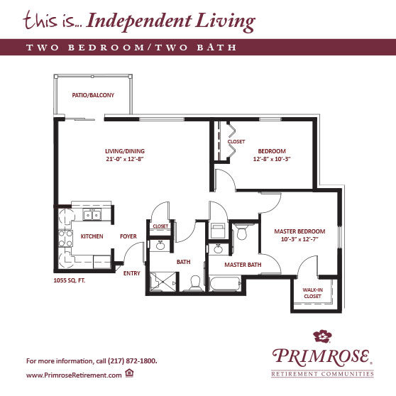 Primrose of Decatur floor plan for the two bedroom, two bath apartment with 1,055 sq ft and a patio or balcony