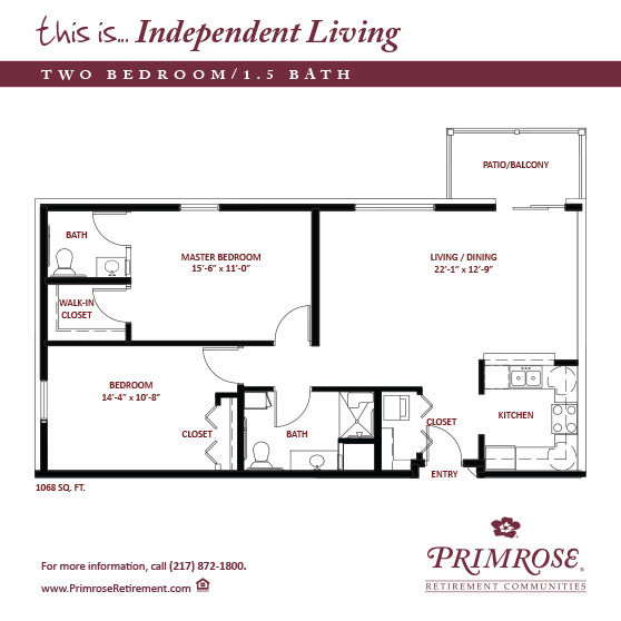 Primrose of Decatur floor plan for the two bedroom, one and a half bath apartment with 1,068 sq ft and a patio or balcony