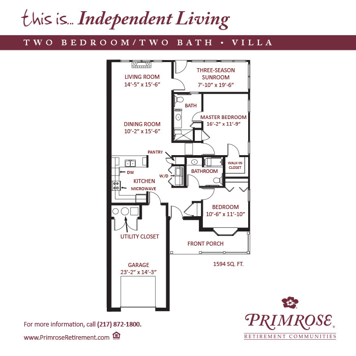 Primrose of Decatur floor plan for the two bedroom two bath Townhome Villa with 1,594 sq ft