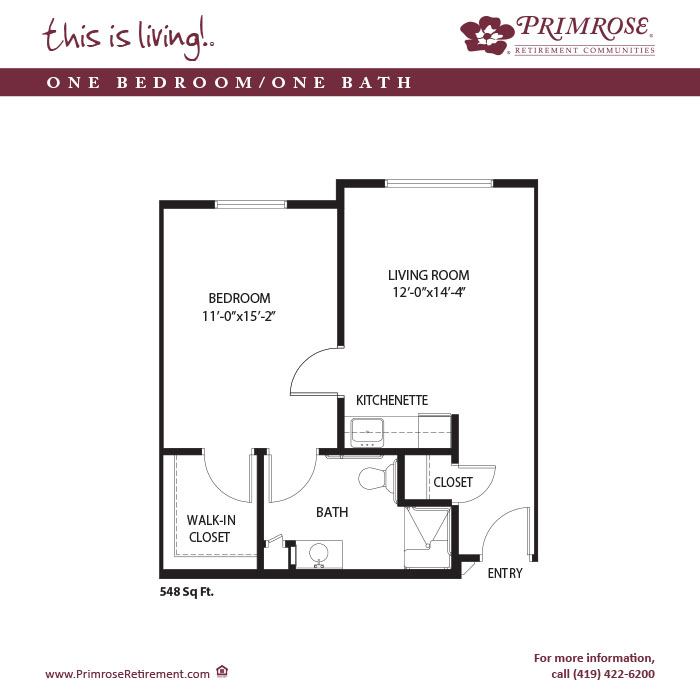 Primrose of Findlay floor plan for the one bedroom, one bath apartment with 548 sq ft