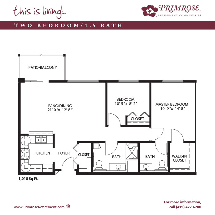 Primrose of Findlay floor plan for the two bedroom, one and a half bath apartment with 1,018 sq ft and balcony or patio