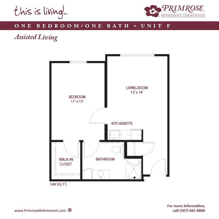 Primrose of Gillette floor plan for the one bedroom, one bathroom apartment with 548 sq ft