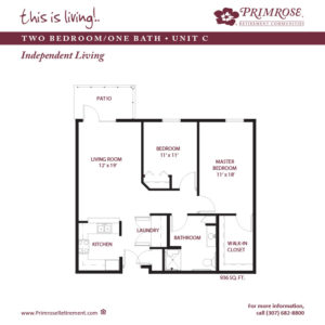 Primrose of Gillette floor plan for the two bedroom, one bathroom apartment with 936 sq ft