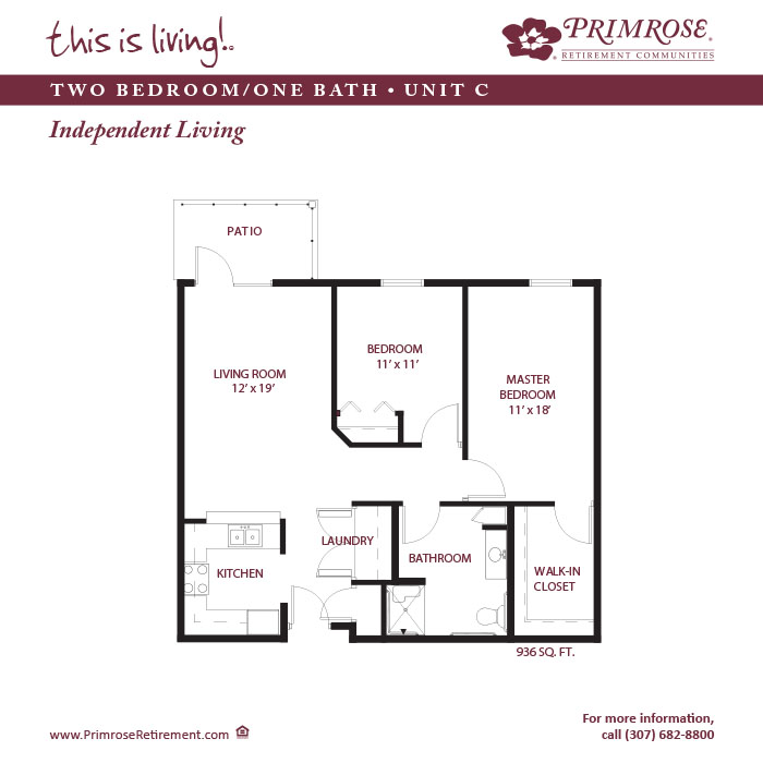 Primrose of Gillette floor plan for the two bedroom, one bathroom apartment with 936 sq ft