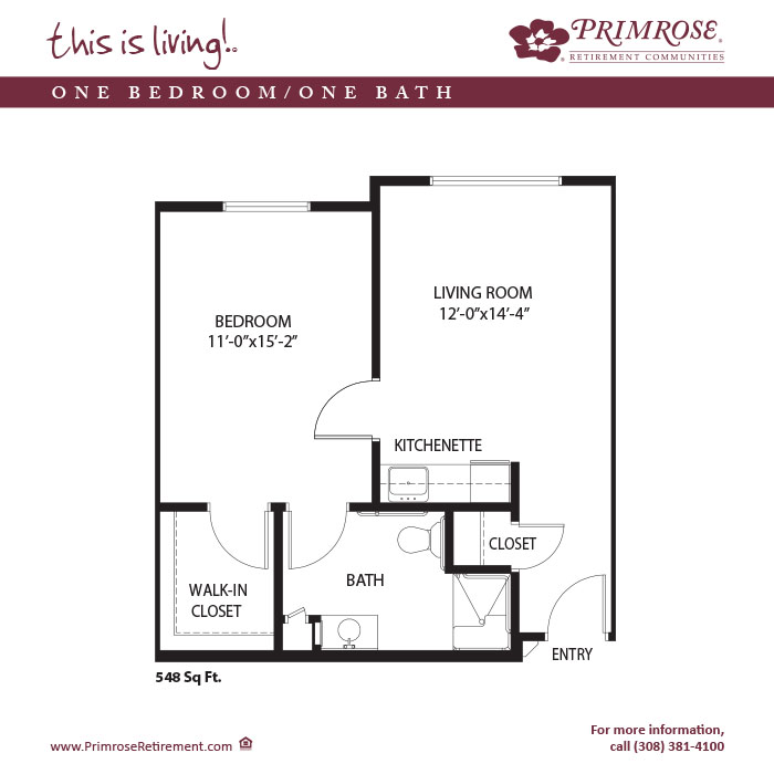 Primrose of Grand Island floor plan for the one bedroom, one bathroom apartment with 548 sq ft