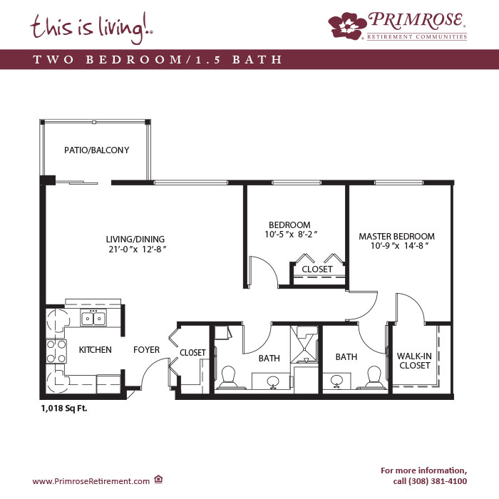 Primrose of Grand Island floor plan for the two bedroom, one and a half bathroom apartment with 1,018 sq ft and patio or balcony