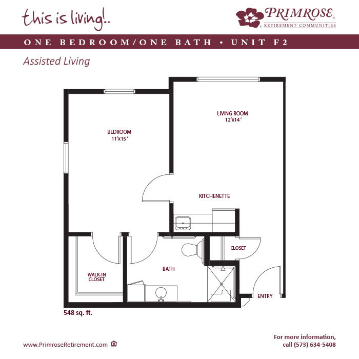 Primrose of Jefferson City floor plan for the one bedroom, one bath apartment with 548 sq ft