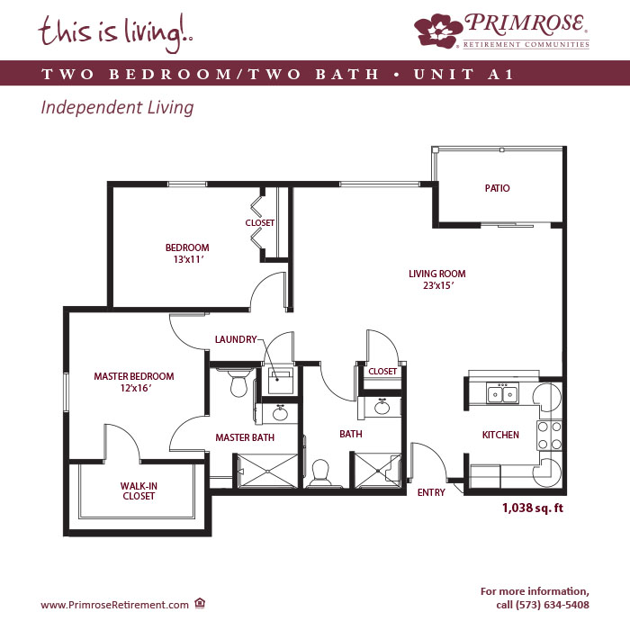 Primrose of Jefferson City floor plan for the two bedroom, two bath apartment with 1,038 sq ft and patio or balcony