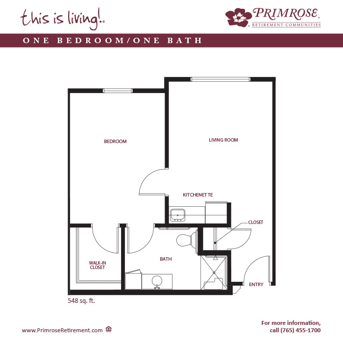 Primrose of Kokomo floor plan for the one bedroom, one bath apartment with 548 sq ft