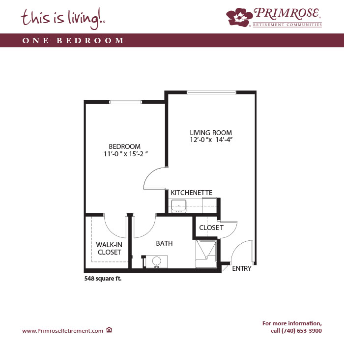 Primrose of Lancaster floor plan for the one bedroom, one bath apartment with 548 sq ft