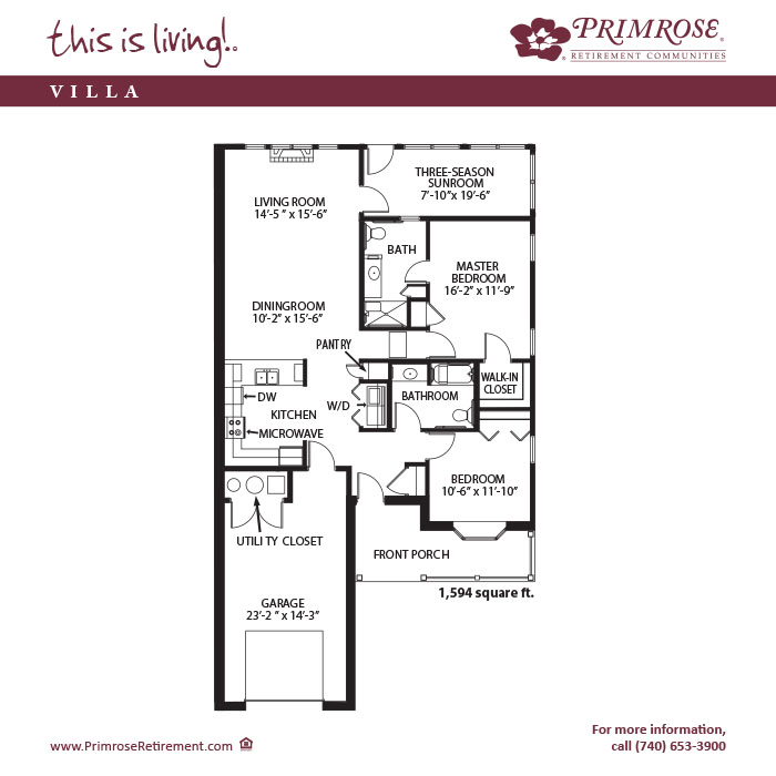 Primrose of Lancaster floor plan for the two bedroom two bath Townhome Villa with 1,594 sq ft
