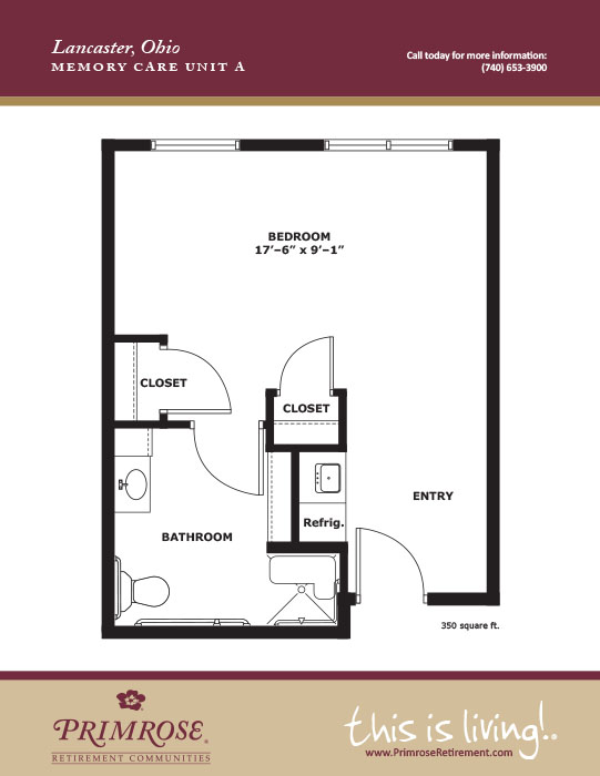 Primrose of Lancaster floor plan for the one bedroom, one memory care apartment with 350 sq ft