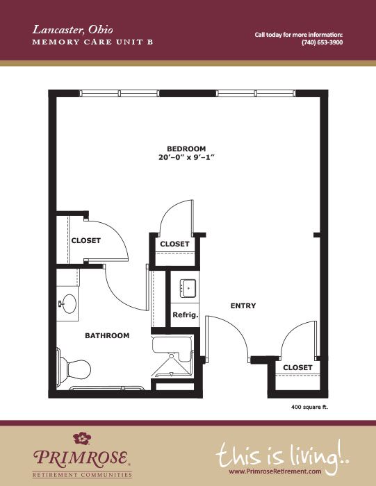 Primrose of Lancaster floor plan for the one bedroom, one memory care apartment with 400 sq ft