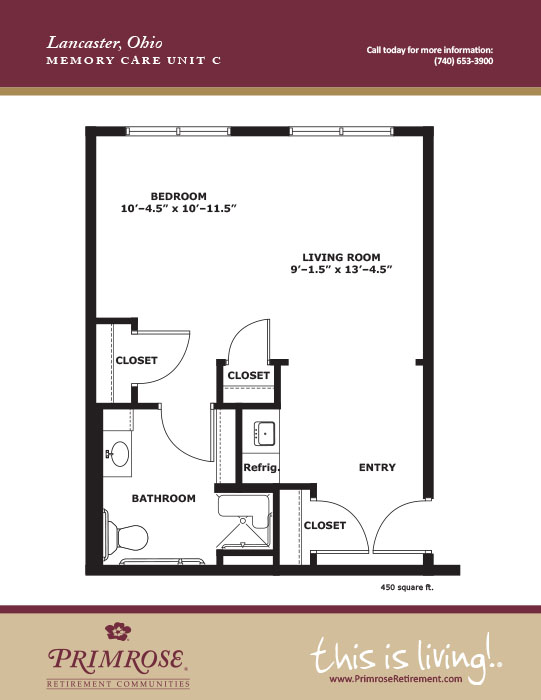 Primrose of Lancaster floor plan for the one bedroom, one memory care apartment with 450 sq ft