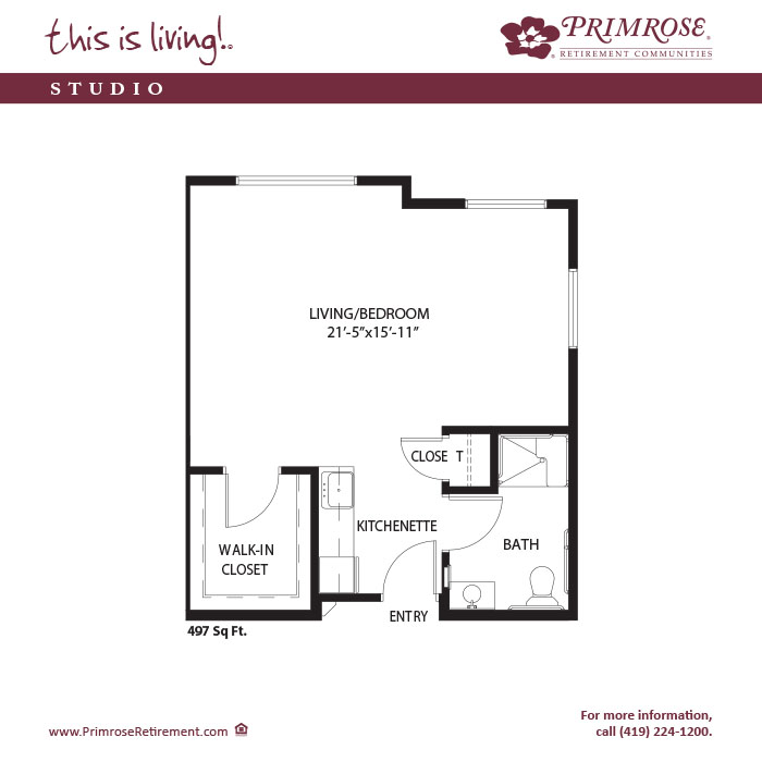 Primrose of Lima floor plan for the one bedroom, one bath studio apartment with 497 sq ft