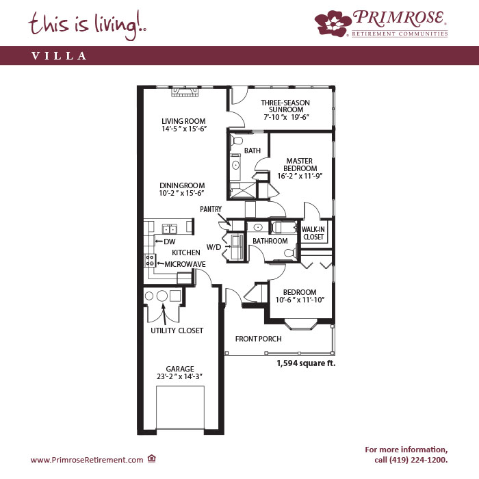 Primrose of Lima floor plan for the two bedroom two bath Townhome Villa with 1,594 sq ft