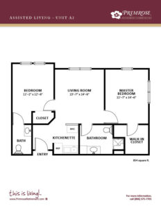 Primrose of Lubbock floor plan for the two bedroom, one and a half bath apartment with 854 sq ft