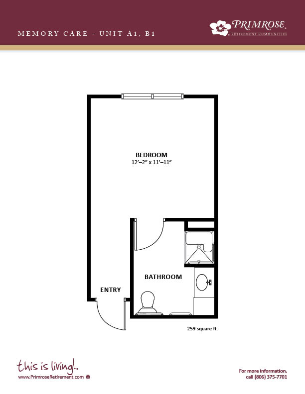 Primrose of Lubbock floor plan for the one bedroom, one bath memory care apartment with 259 sq ft