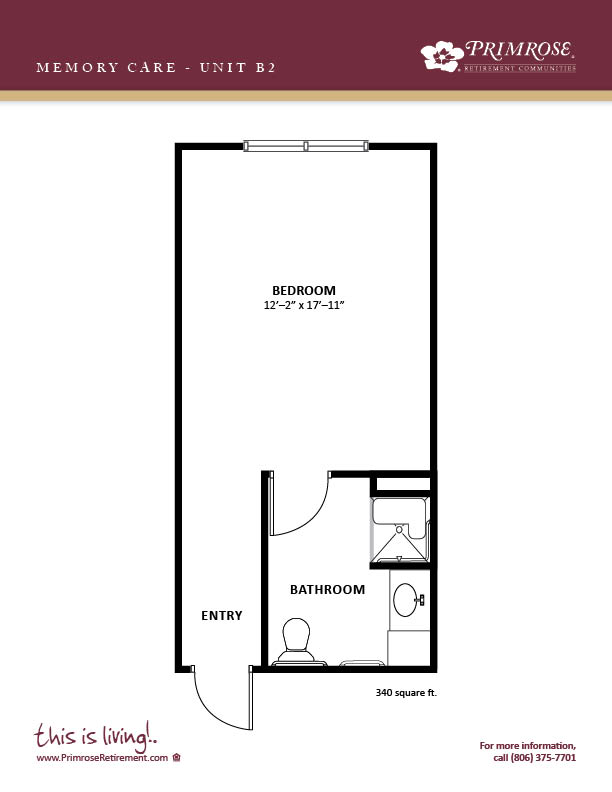 Primrose of Lubbock floor plan for the one bedroom, one bath memory care apartment with 340 sq ft