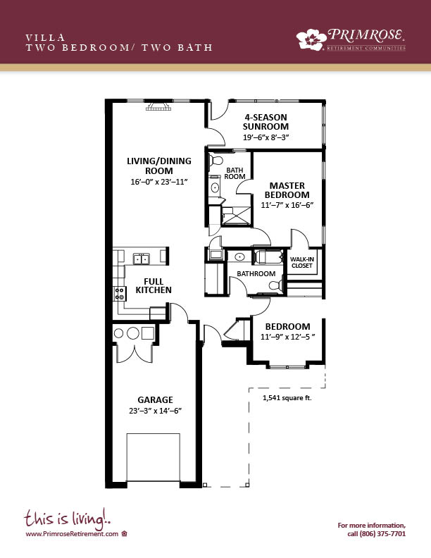 Primrose of Lubbock floor plan for the two bedroom two bath Townhome Villa with 1,541 sq ft