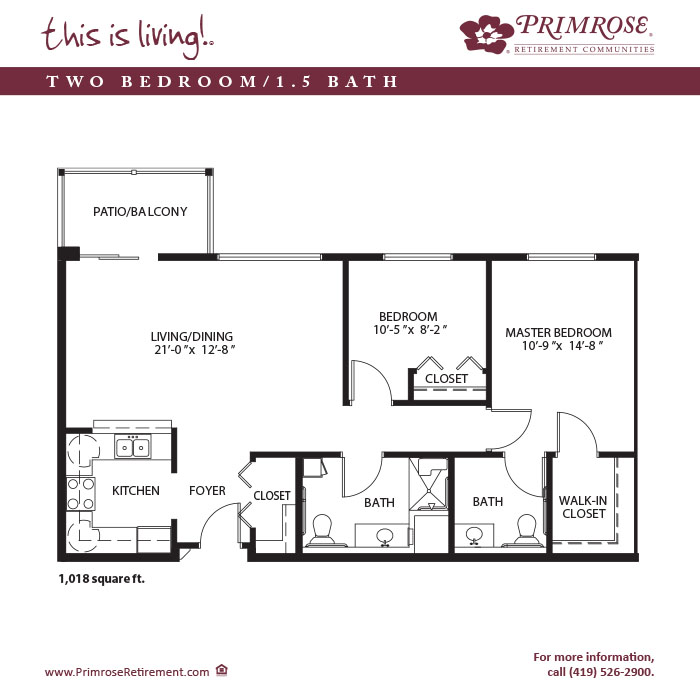 Primrose of Mansfield floor plan for the two bedroom, one and a half bath apartment with 1018 sq ft and balcony or patio